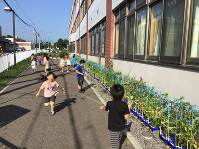 笑顔いっぱい朝顔に水をあげる1年生